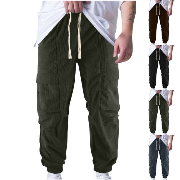 Jinhomg Mens Drawstring Cargo Pant Soft Cozy Corduroy Solid Long Pants Relaxed Fit Elastic Waist Straight Leg Cargo Trousers with Pockets Prime Big Deal Days Army Green XXL
