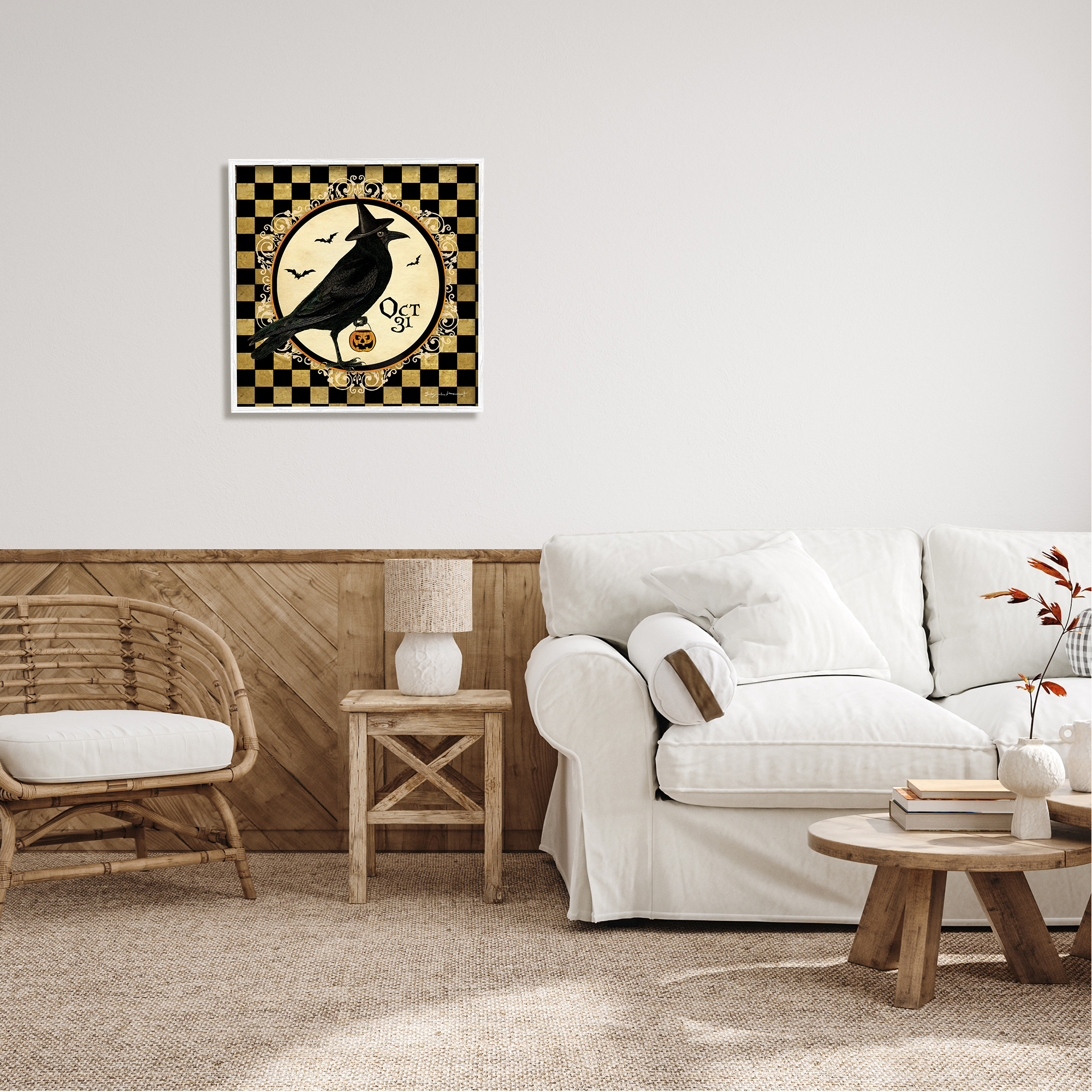 Stupell Industries Oct 31 Checkered Halloween Crow Holiday Painting White Framed Art Print Wall Art