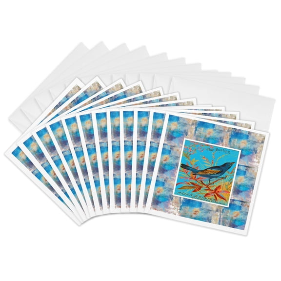 3drose, Image of a Blue Bunting Bird in Tree, Postcard Style, Abstract Frame, 12 Greeting Cards with Envelopes