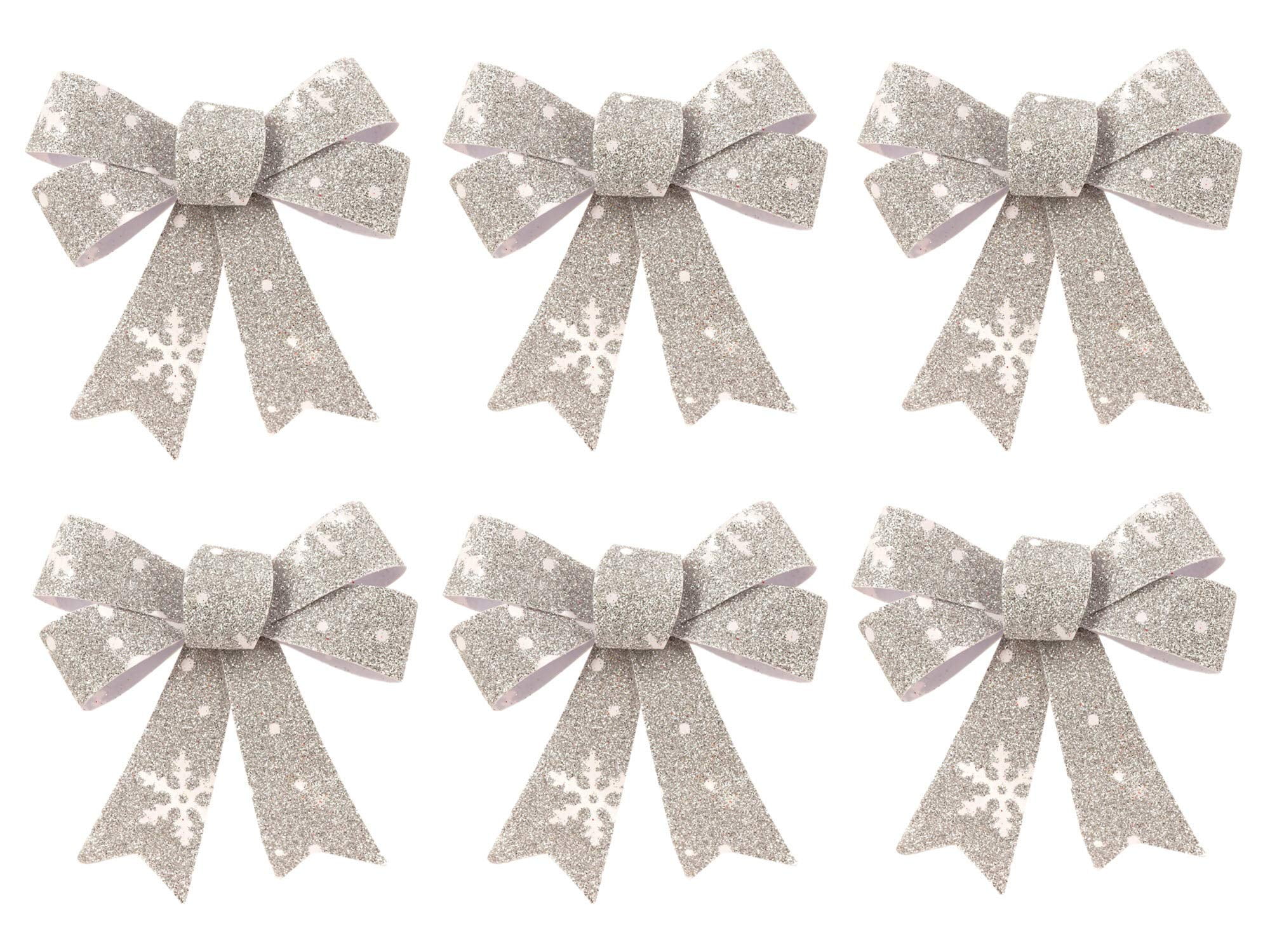 Silver Christmas Glitter Bow Decorations Pre-tied For Tree Table Gifts