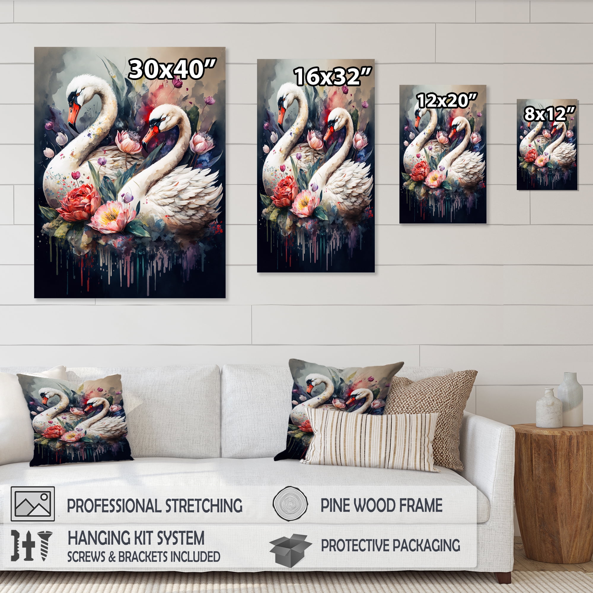 Designart Cute Swans Floral Art I Canvas Wall Art
