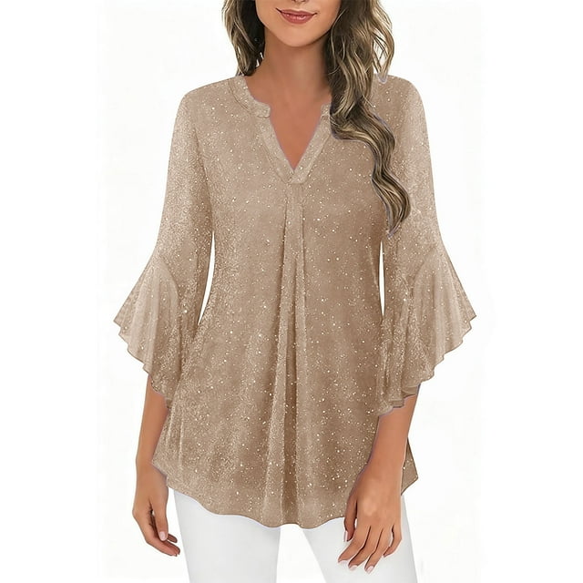 HongQid Womens 3/4 Ruffle Sleeve Sparkly Tops Sequin V Neck Blouses Dressy Casual Spring Summer Fall Shirts