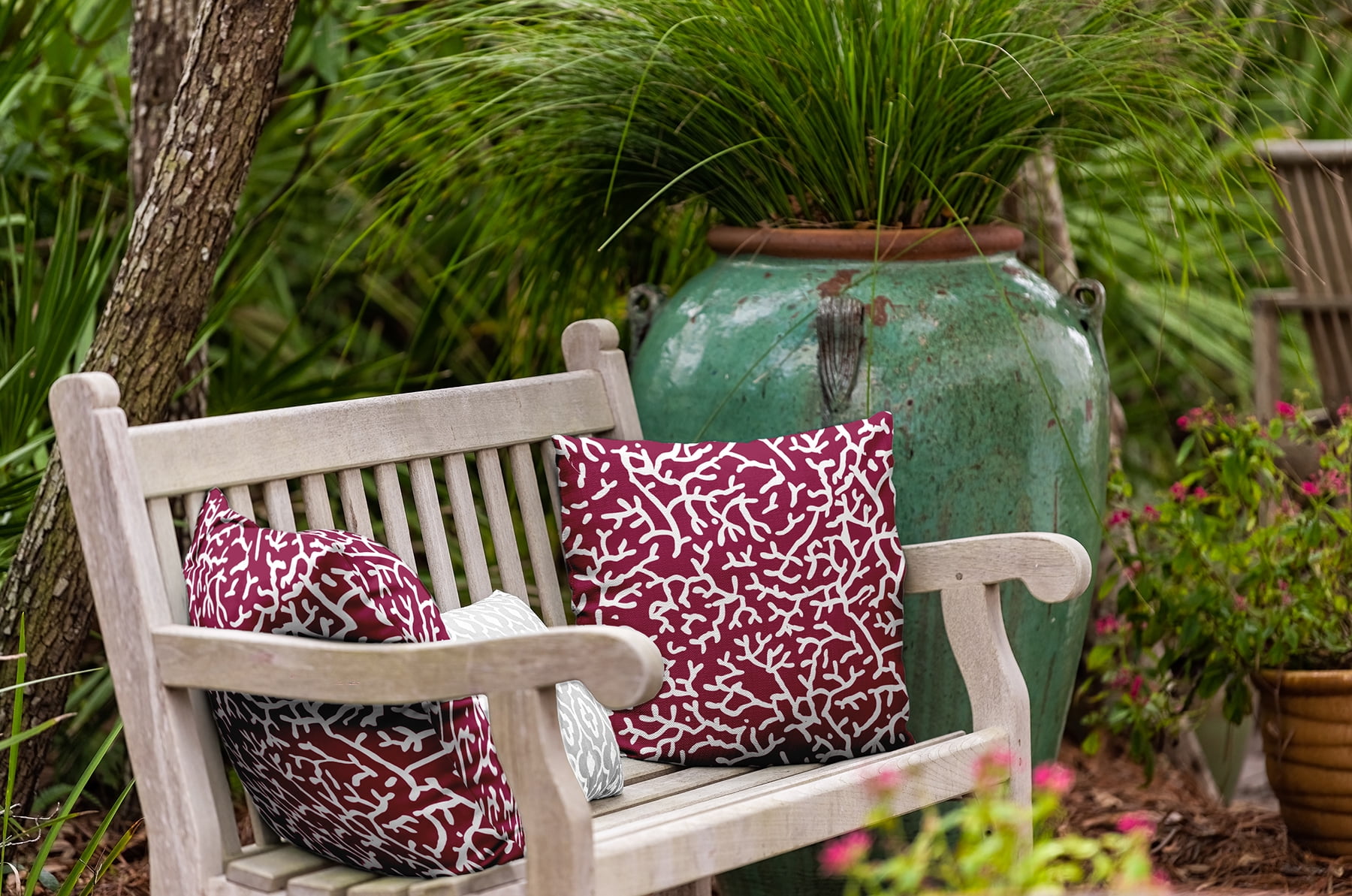 18" x 18" Simply Daisy Seaweed Indoor/Outdoor Pillow, Maroon Red Qty 1