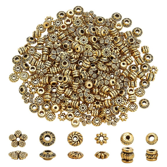 300Pcs 6 Styles Tibetan Style Alloy Spacer Beads Mixed Shapes Antique Golden 5~7x4~7mm Hole: 2~2.2mm 50pcs/style
