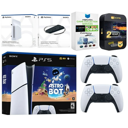Sony PlayStation 5 Astro Bot Slim Digital Bundle with Disc Drive, Extra Controller, Vertical Stand, MightySkins Game Collection Services and 2 Year Extended Warranty - Glacier White