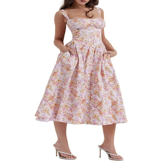 EIMELI Women‘s Summer Midi Dress Sleeveless Floral Print Button Down Flowy A-Line Tank Dress