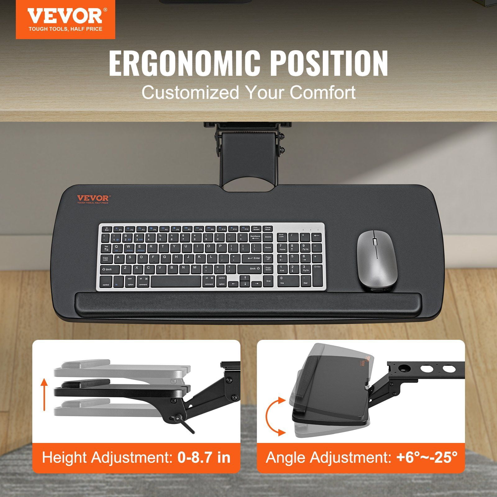 Adjustable Under Desk Keyboard Tray - Slide Out 25x9.8 Inch, Ergonomic Height & Angle Tilt for Office, Home (Black)