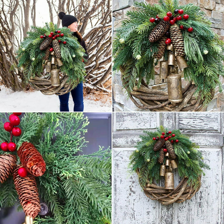 Artificial Christmas Wreath, Rattan Pine Cone Bell Wreath