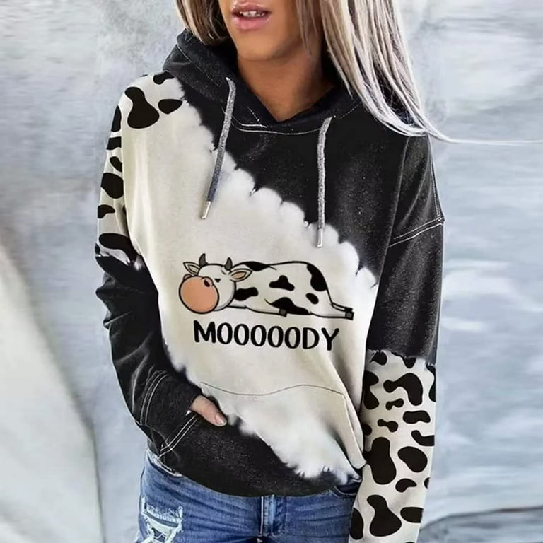 CoCopeaunt Moody Cow Hoodie Sweatshirt for Women Casual Long