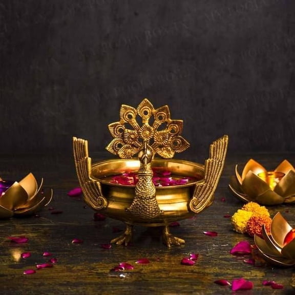 Brass Peacock Design Pot | Brass Urli with Peacock Diya | Traditional Brass Uruli  Bowl | Urli Diya and Bell | brass peacock urli  2.6kg