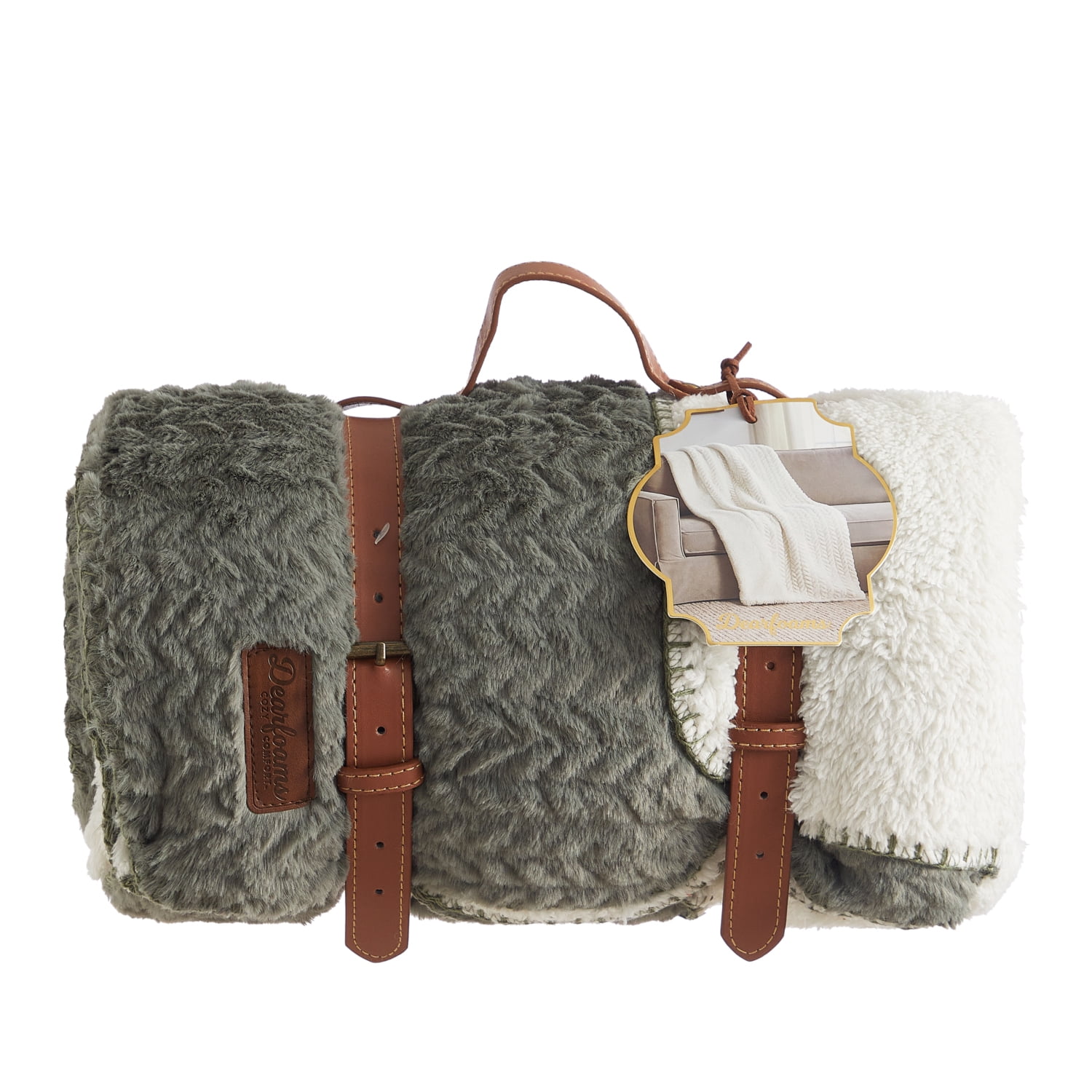 Dearfoams Reversible Embossed Faux Fur to Faux Shearling Oversized Couch Throw Blanket, Green, 50 x 70 in