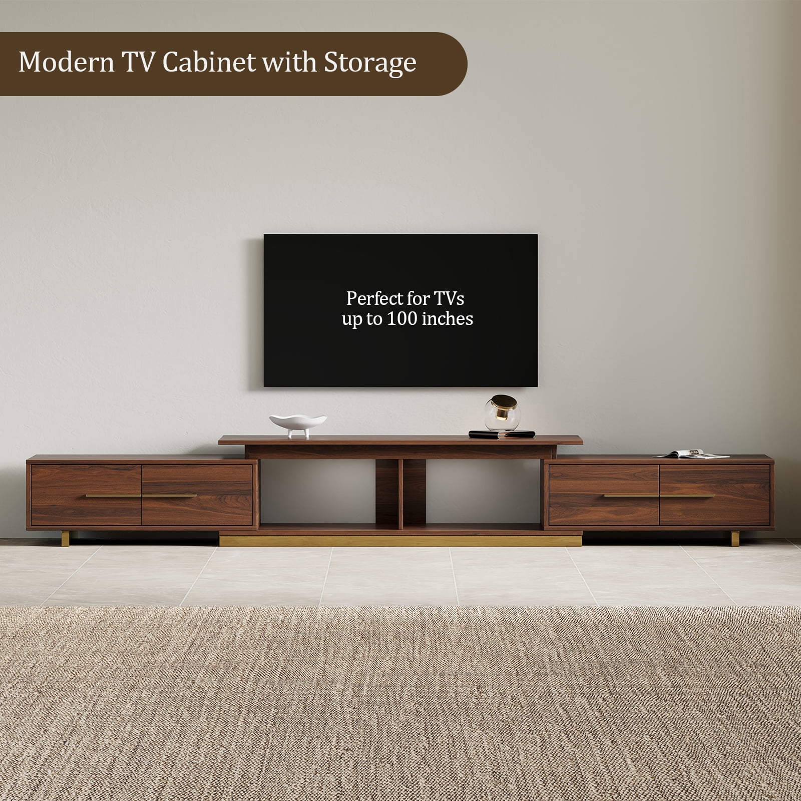 siu want Extendable TV Stand for 55-100 inch TVs, Modern TV Console with 4 Drawers, Walnut Entertainment Center for Living Room