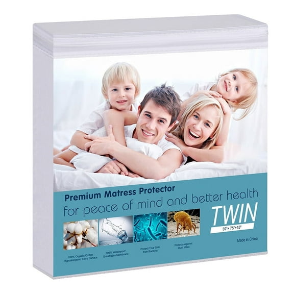 Waterproof Mattress Protector Twin Size - 100% Organic Cotton Hypoallergenic Breathable Mattress Pad Cover, 15" Deep Pocket, Vinyl Free - 39"x75"