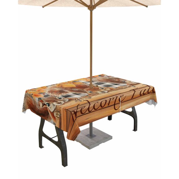 Fsddascl Welcome Fall Squirrel Outdoor Tablecloth - 60x84 Inch Rectangle Dining Table Cover, Thanksgiving Botanical Plaid Waterproof Outdoor Table Cloth with Umbrella Hole & Zipper for Picnic/Patio