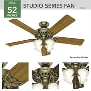 Hunter 52 inch Indoor Ceiling Fan with LED Lights and Pull Chain - Brass Ceiling Fan, Standard Mount, 5 Blades, For Bedroom, Living Room, or Kitchen, Quiet - Studio Series 53063, Antique Brass