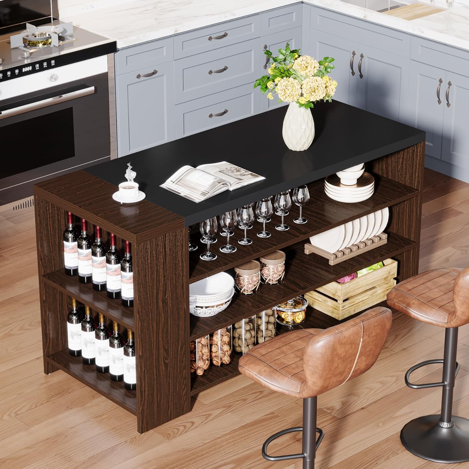 Tribesigns Farmhouse 5-Tier Kitchen Island with Storage, 55" Wooden Island Table with 5 Shelves