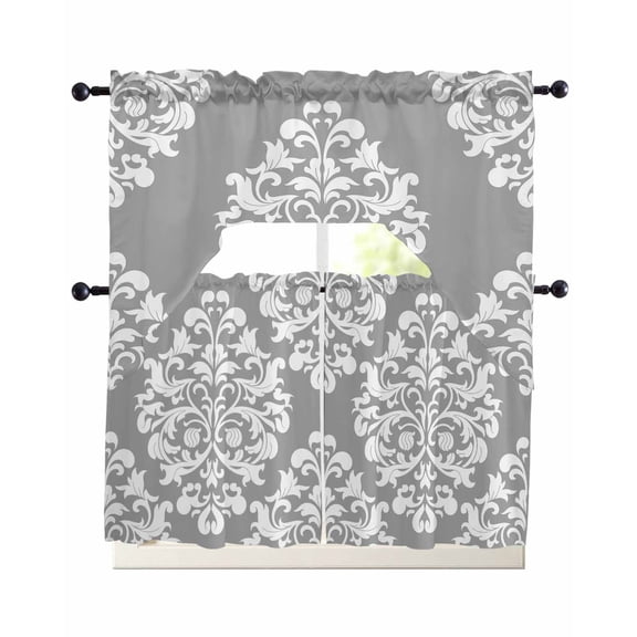 Baroque Grey Swag Curtains for Living Room/Bedroom Windows, Vintage Damask Classic Floral Kitchen Curtains and Valances Set 36 Inch Length, Light Filtering Swags Valance Curtain Panels