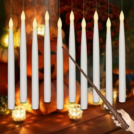10pcs Flameless Taper Floating Candles with Magic Wand Remote, Halloween Decorations, Indoor Christmas Home Decor, Flickering Warm Light LED Electric Window Candle
