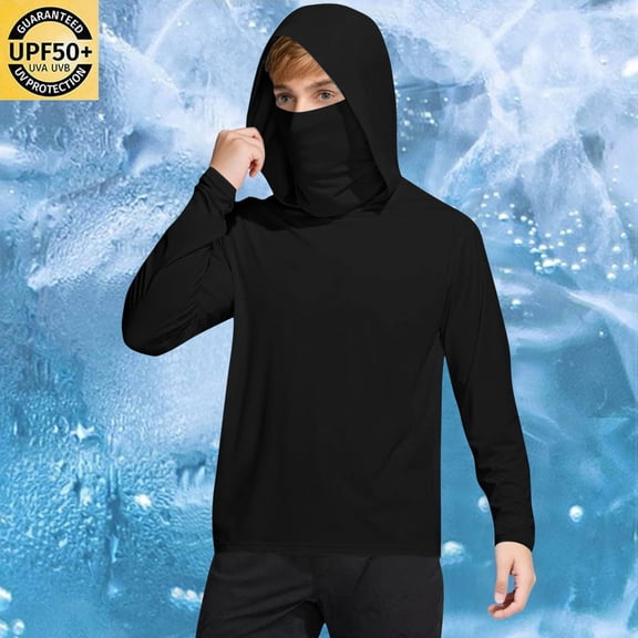Trikvn Boys UPF 50  Sun Protection Hoodie Long Sleeve Cooling Athletic Shirt with Built-in Face Cover Mask for Fishing Hiking Outdoor Activewear Lightweight Breathable Top