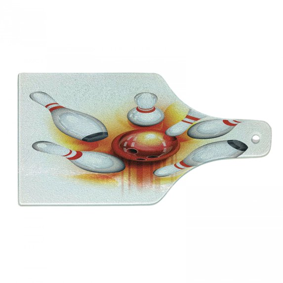 Bowling Party Cutting Board, Red Ball with Spread Skittles Vibrant Display Abstract Vibrant Art, Decorative Tempered Glass Cutting and Serving Board, Wine Bottle Shape, Red Orange White, by Ambesonne