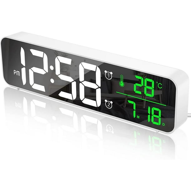 Réveil Numérique, Horloge Murale Réveil Matin LED Digital Miroir Grand  Ecran avec Température Date, 2 Alarme, 40 Musique, 6 Luminosité Varia