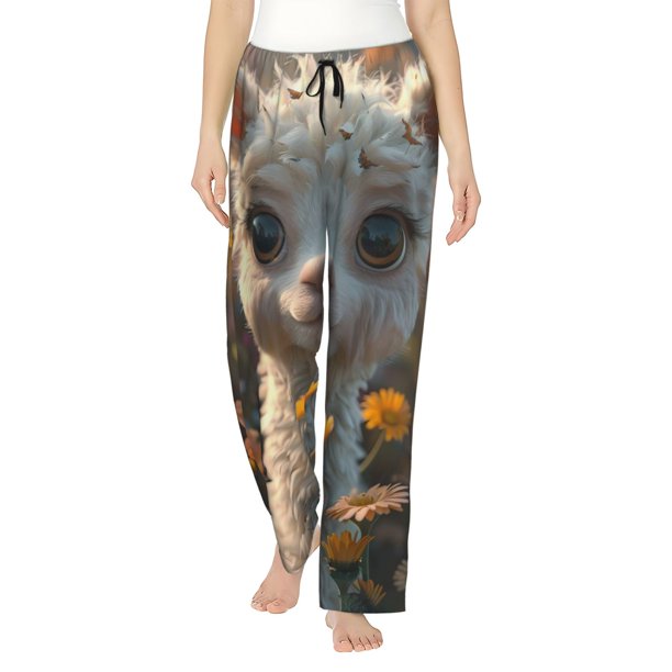 Fotbe Adorable Llama In Flowers Pantalones de Pijama para Mujer, Pantalones de Dormir, Pantalones Pj con Cordón y Bolsillos-Medium