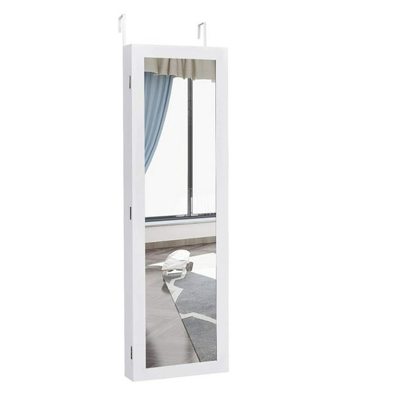Wall Door Mounted Mirrored Jewelry Cabinet Jewelry Armoire Storage Organizer with Full Length Mirror Jewelry Cabinets for Bedroom, Living Room, Home, Dorm, Apartment, Indoor (White)