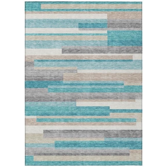 HomeRoots 585979 8 x 10 ft. Striped Washable Indoor & Outdoor Rectangle Area Rug, Teal Blue, Gray & Beige