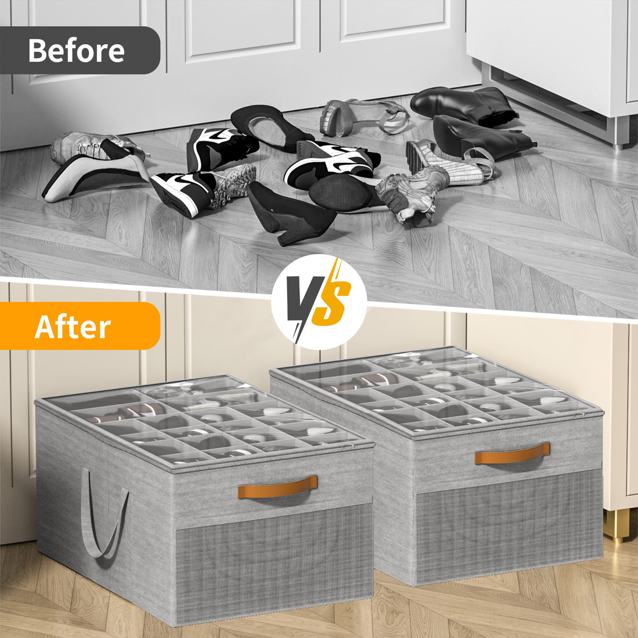 Aokeyee Shoe Storage Closet, Large Shoe Box Space Saving Foldable with Clear Cover, Fits 20-24 Pairs, Grey