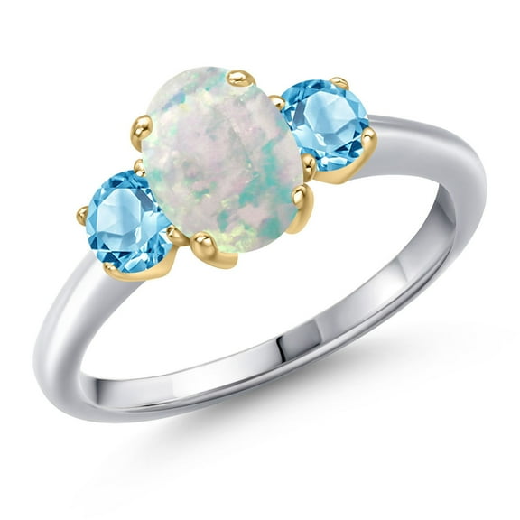 Gem Stone King 925 Silver and 10K Yellow Gold Simulated White Opal and Swiss Blue Topaz Engagement Ring for Women | 1.71 Cttw | Oval Cabochon 8X6MM | Gemstone October Birthstone | Size 6