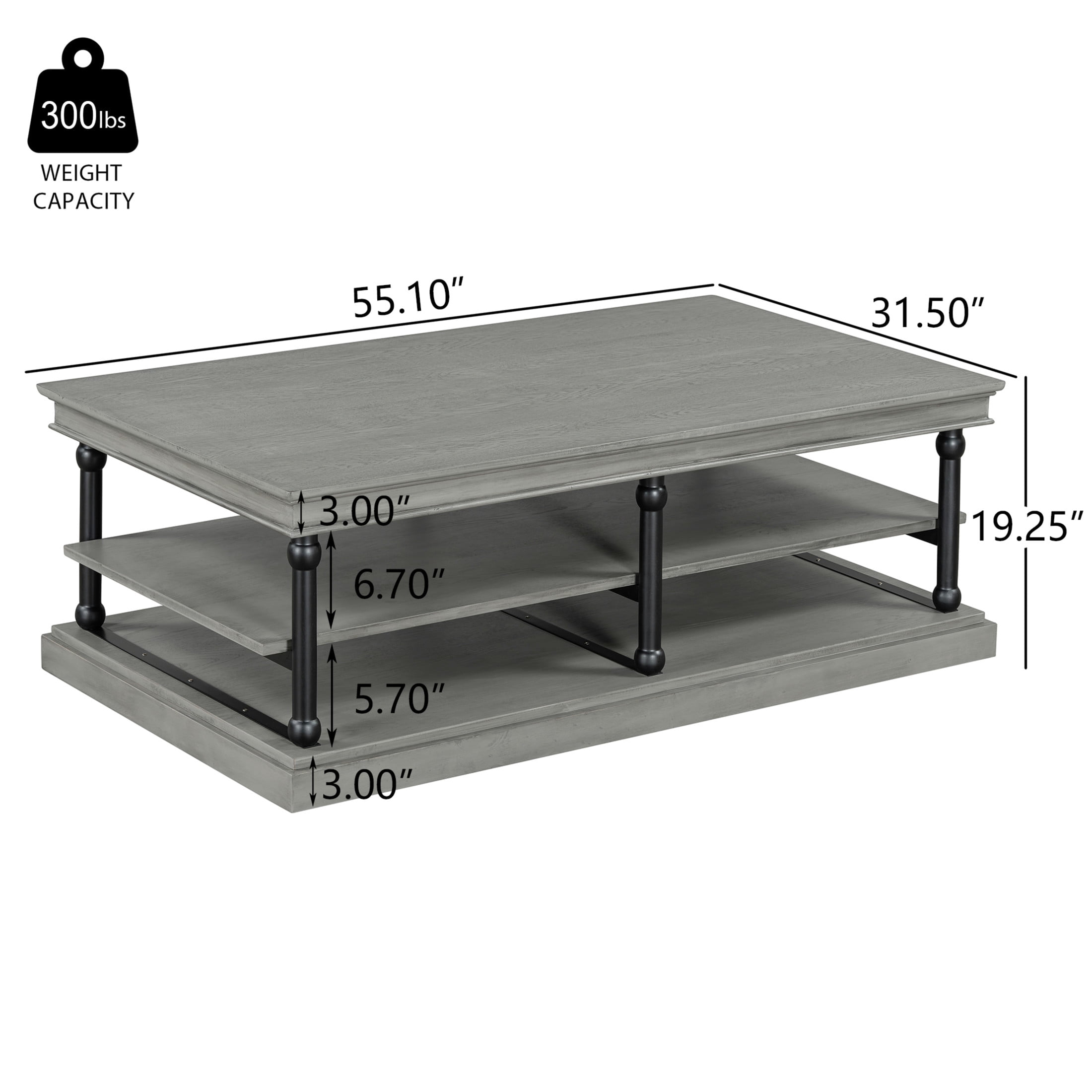 Christopher Knight Home 55.1" Rectangular Wood Coffee Table with 2 Open Storage Shelves, Gray+Black