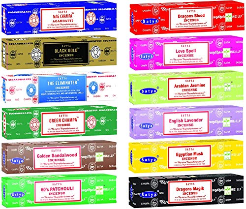Set of 12 Packs Home Fragrance Gift Pack Hand Rolled /& Non-Toxic Nag Champa Incense Stick Packs 60s Patchouli 15g Perfect for Meditation and Yoga