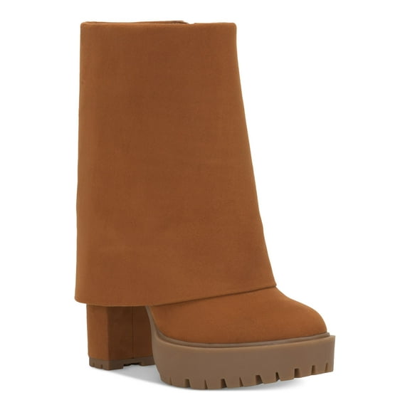 INC Womens Brown 1" Platform Cuffed Overlay Padded Acelina Round Toe Zip-Up Heeled Boots 9.5 M