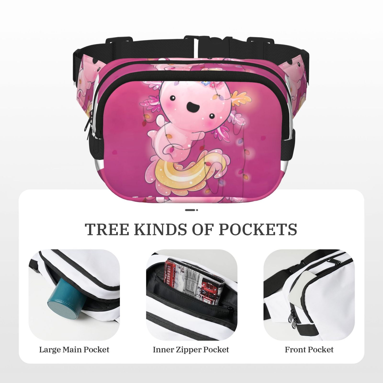 Hirioo Cute Pink Axolotl A for Double Layer Waist Bag Adjustable Fanny Pack For Travel Running Hiking