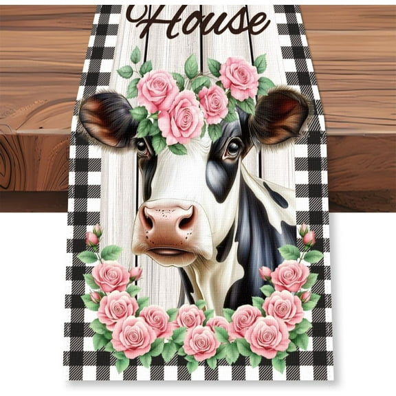 Farmhouse Cow Table Runner 13x72 Inch Floral Buffalo Plaid Cow Kitchen Dining Table Decoration Animals Rustic Farmhouse Table Runner