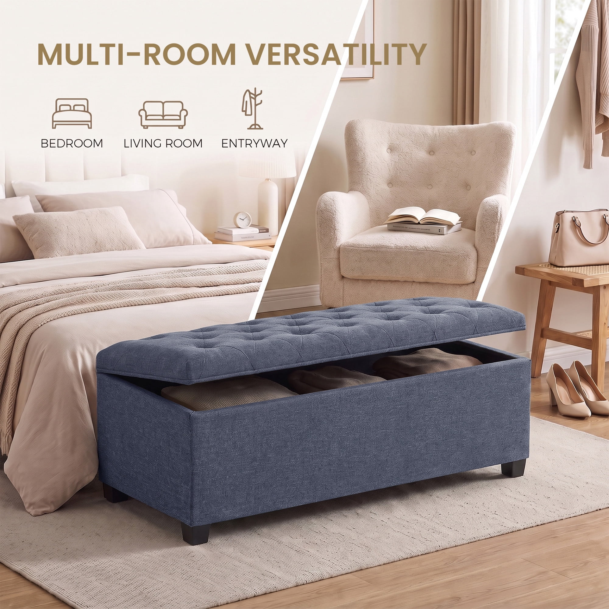 Ledrem Large Storage Ottoman Bench, End of Bed Bench with Tufted Linen-Look Fabric, Light Denim Blue