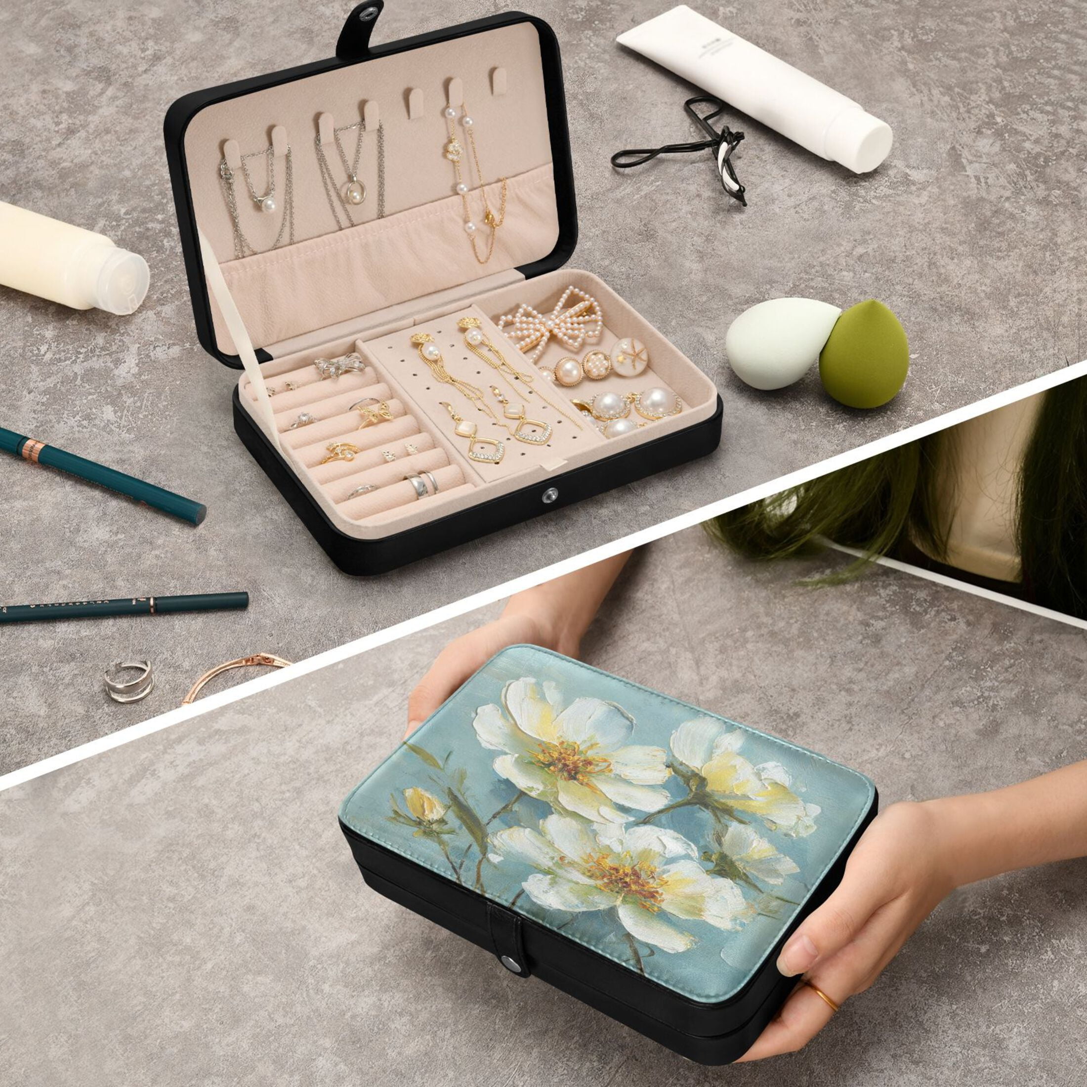 Leather Jewelry Box Travel Jewelry Storage Earrings Necklace Bracelet Watch Brooch Storage Flowers Beautiful