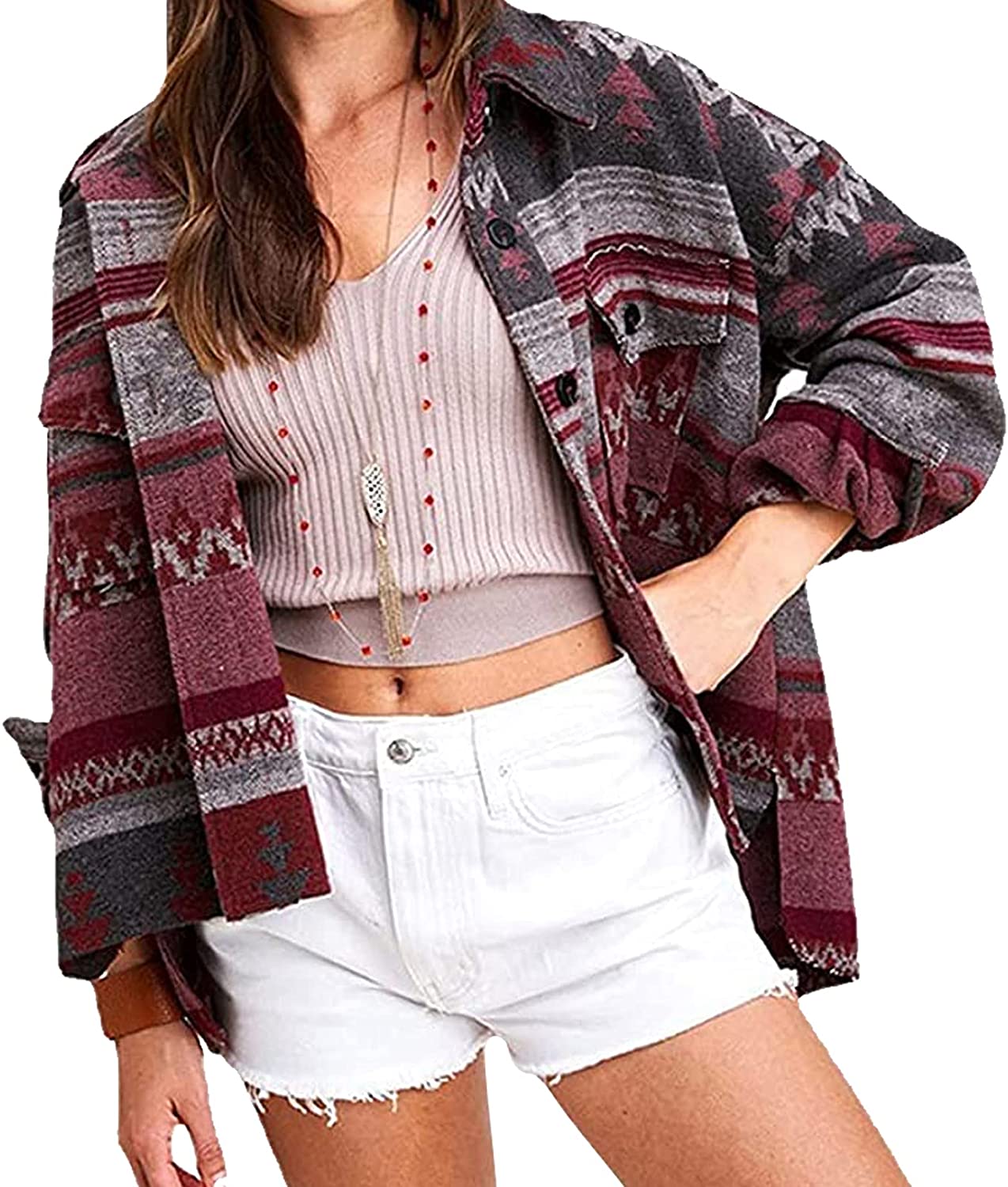 JJAI Womens Aztec Print Shacket Lapel Long Sleeve Button Down Shirt Jacket