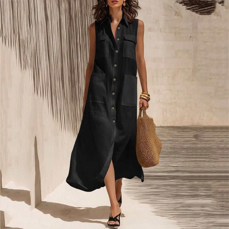 sleeveless button down shirt dress Women's Vintage Lapel Cotton V Neck A-Line Midi Casual Loose Dresses Black at Amazon Women's Clothing store Discover refined comfort and style with this brown cotton blend midi shirt dress Dark Brown Sleeveless Button Up
