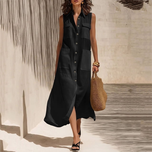 XiYing Robes Décontractées pour Femmes, Robe Longue d'Été Décontractée pour Femmes à Col en V Sans Manches, Maxi Fluide avec devant à Boutons et Poches pour Vacances à la Plage, Coupe Ample,