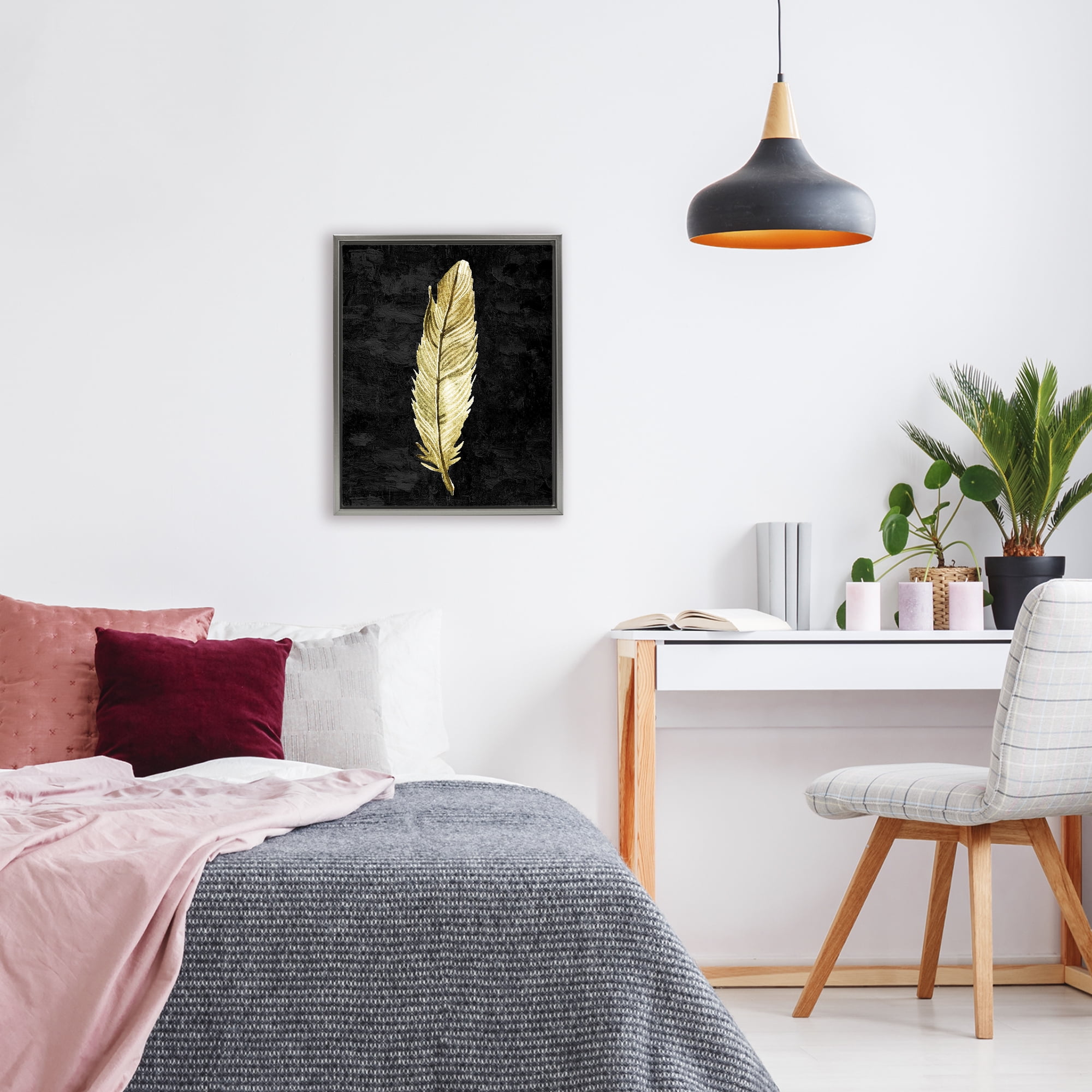 Curved Feather on Black Gray Framed Floater Canvas Wall Art, design by Kim Allen