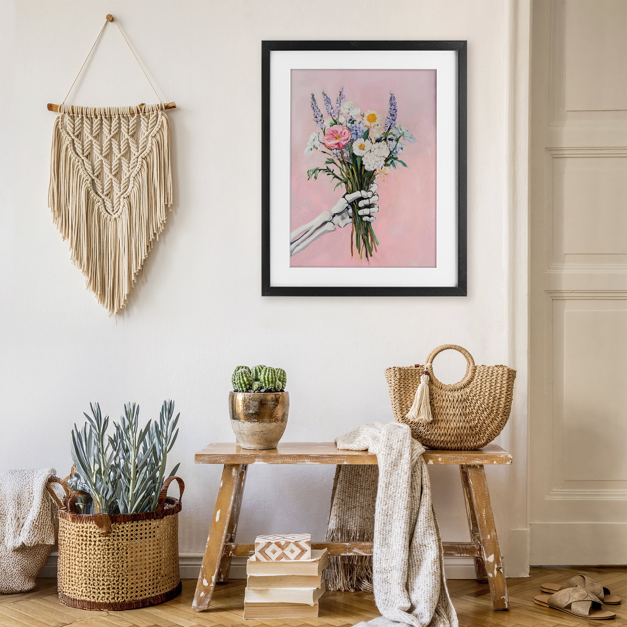 Stupell Industries Skeleton Hand Holding Flowers Black Framed Print Under Glass, design by The Prints Vibe