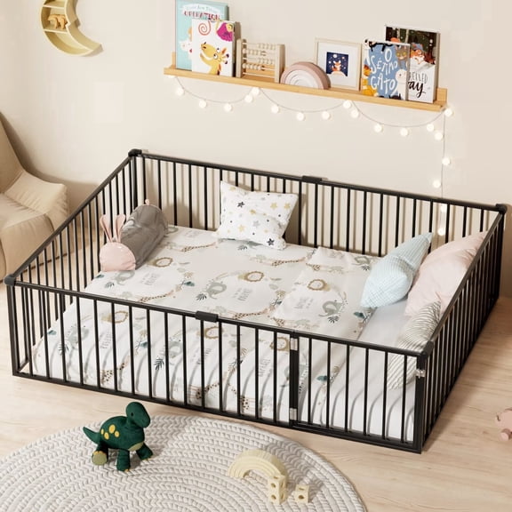 Metal Queen Size Floor Bed for Kids and Toddlers, Montessori Floor Bed Frame with 20.6" High Full-Length Fence and Door,No Slats, Black