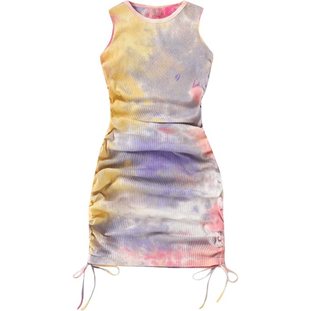 Vestido corto sin mangas fruncido para mujer, con cordón y lazo lateral, cuello redondo, vestido corto Purple Tie Dye M Purple Tie Dye M Xishao ropa
