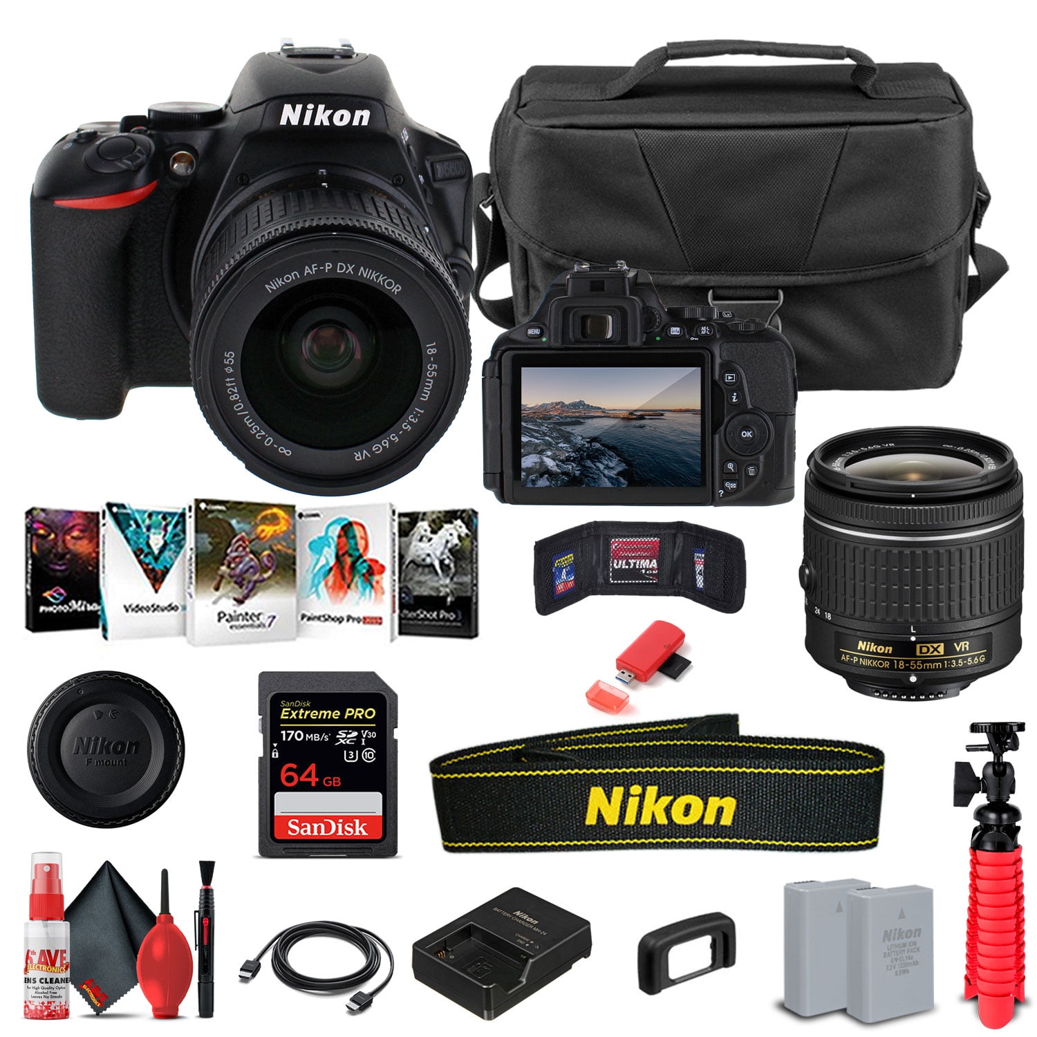 Nikon D5600 DSLR Camera 24.2MP with 18-55mm Lens 4K Video Basic Bundle (International Model)