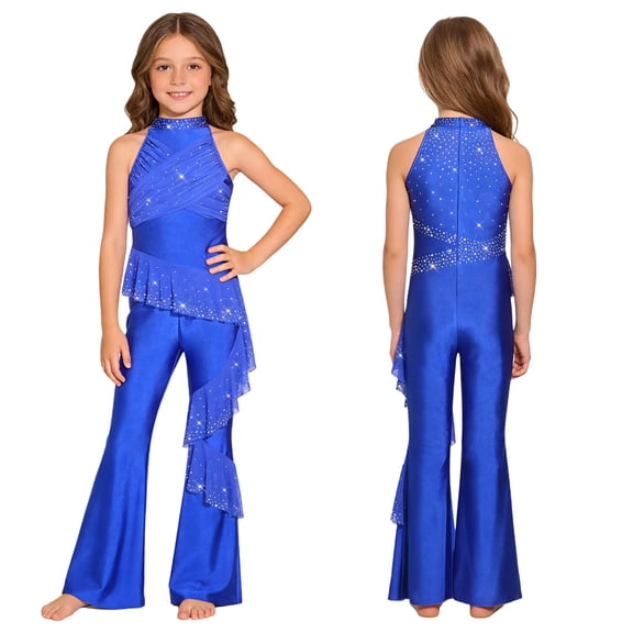 iiniim Girls Sparkly Latin Jazz Dance Bodysuit Wide Leg Jumpsuit Party Bell-Bottom Pants Romper Overalls Royal Blue 12