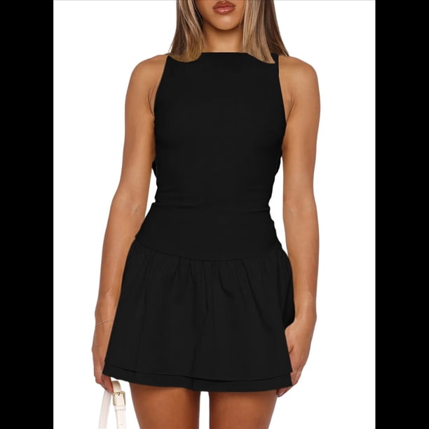 Vestido Corto Ajustado con Cuello para Mujer, Sin Mangas, con Volantes Fruncidos en el Bajo, para Fiesta o Club. Negro S