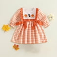 thumbnail image 2 of enyan Toddler Baby Girls Halloween Outfit Pumpkin Smocked Puff Sleeve A-Line Plaid Dresses Girls Fall Clothes Orange,12-18 Months, 2 of 4