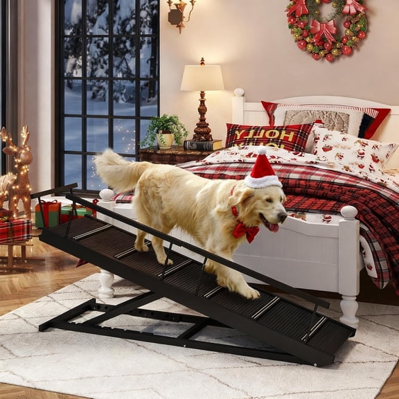Pet Ramp Folding Portable Wooden Dog & Cat Ramps for Couch or Bed, Including Non Slip Mat & Safety Side Rails, 64.2 Inch Long and Height Adjustable from 13.4 Inch to 38 Inch Up to 110 Lbs