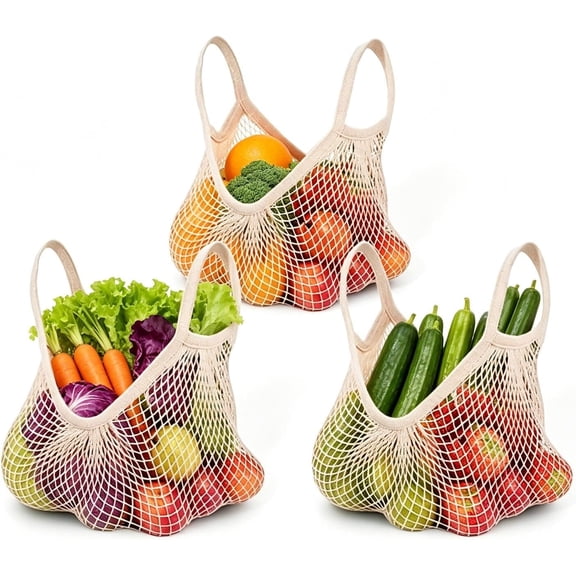 Foldable Tote Bag, Natural Cotton String Mesh Reusable Grocery Bags, Breathable Stretch Heavy Duty Produce Net Bags, Pack of 3 Beige Farmers Market Mesh Tote